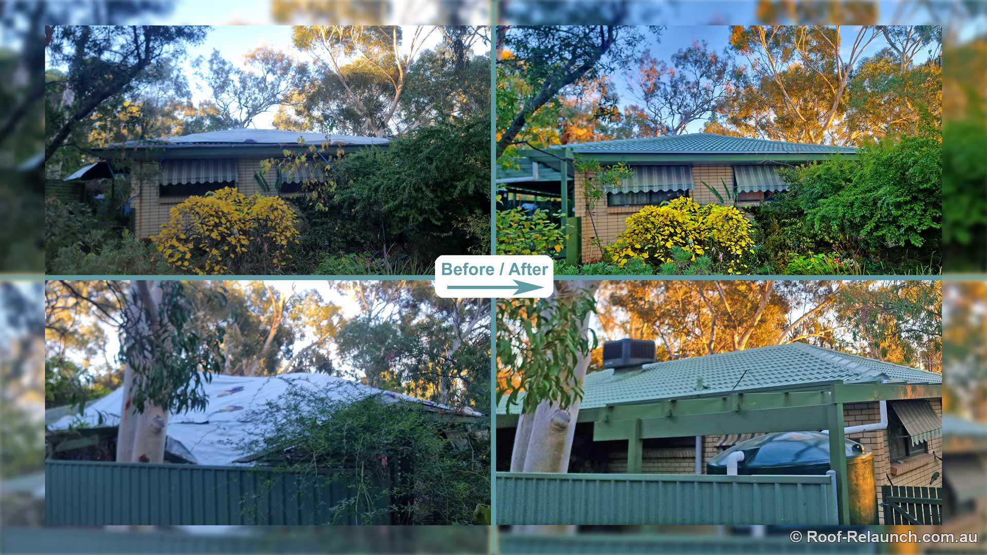 Collage of 4 photos, showing a damaged house and roof before repair, and after repair