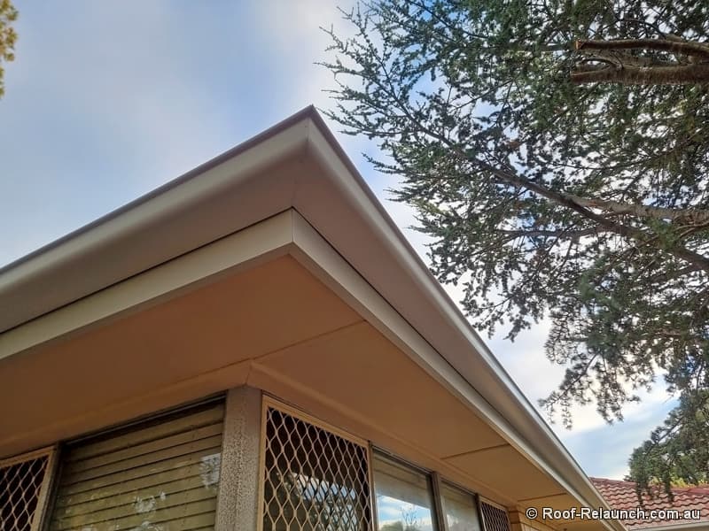 View from below, showing newly-replaced gutter and fascia on home