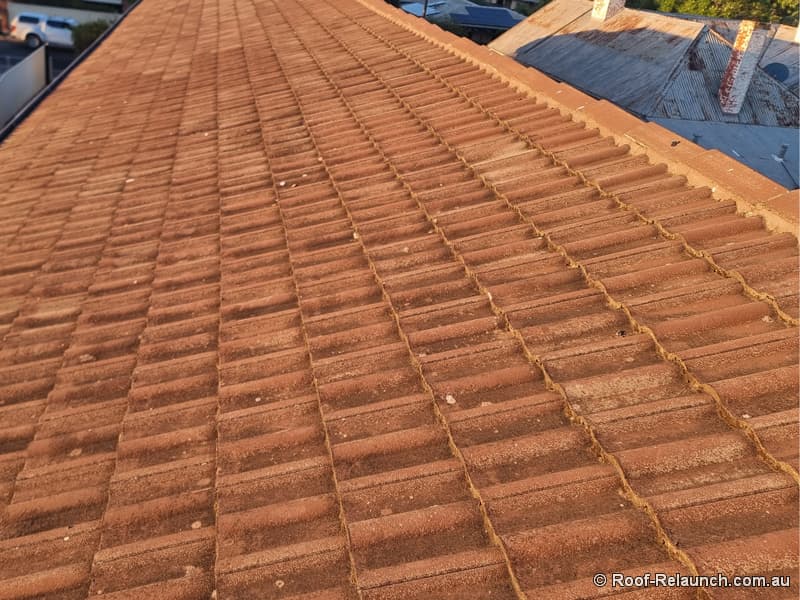 Tile roof, before cleaning, painting and sealing (at Nailsworth)