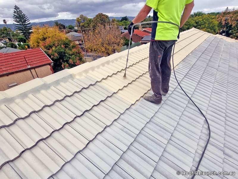 Roofer standing on roof, spraying a tile roof with paint