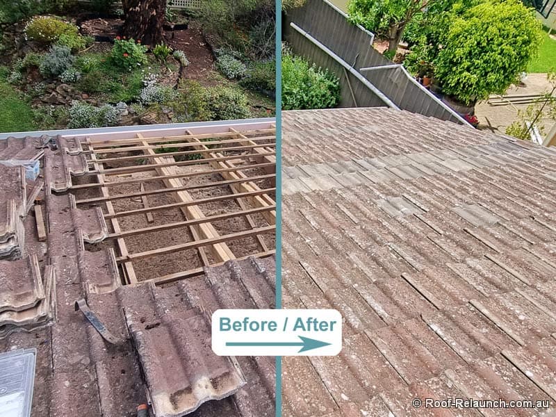 Before and after collage of a damaged and then repaired tile roof