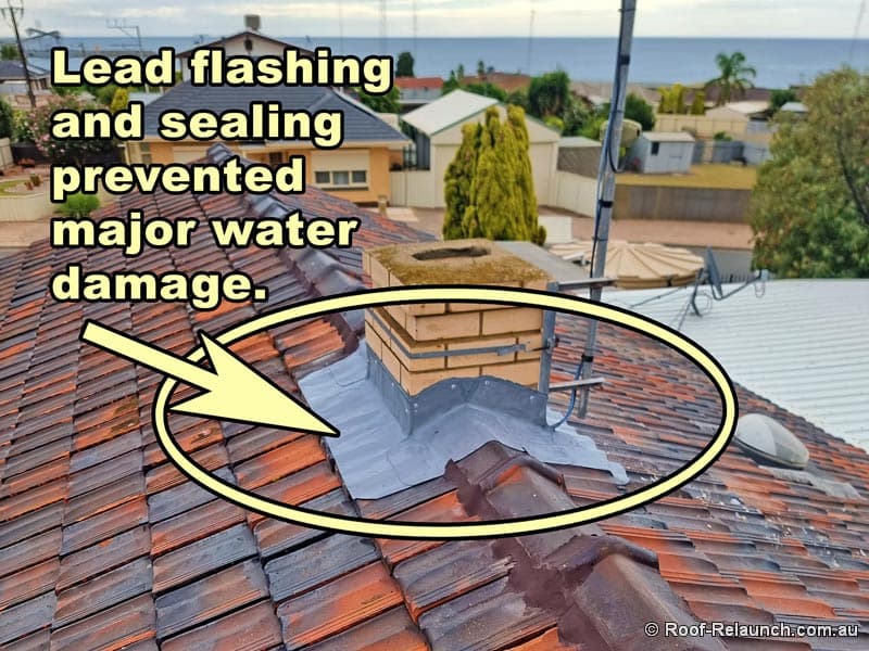 Photo of tile roof, text on photo: "Lead flashing and sealing prevented major water damage."