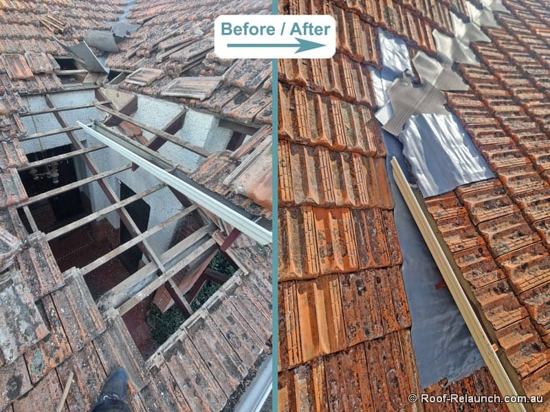 Before and after collage, of damaged and then repaired tile roof